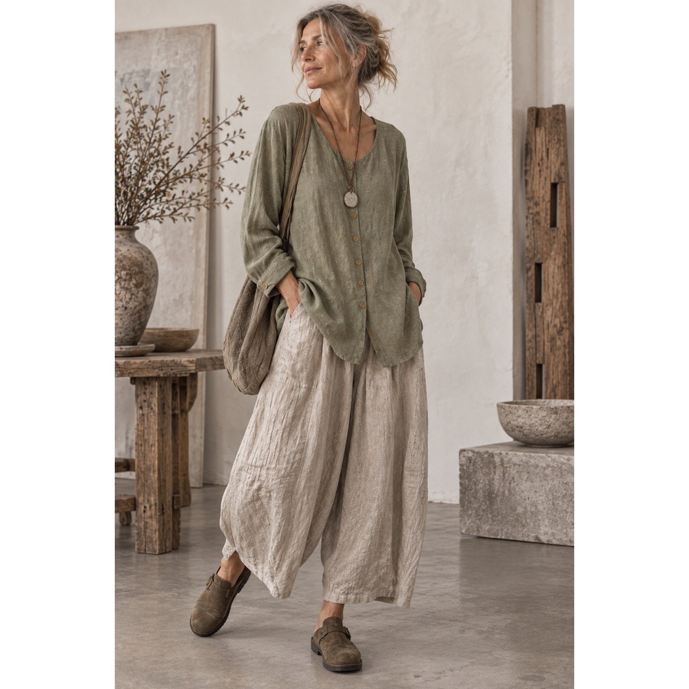 Flax 100% Linen Button Front Long Sleeve Shirt Sage Green V-Neck Large